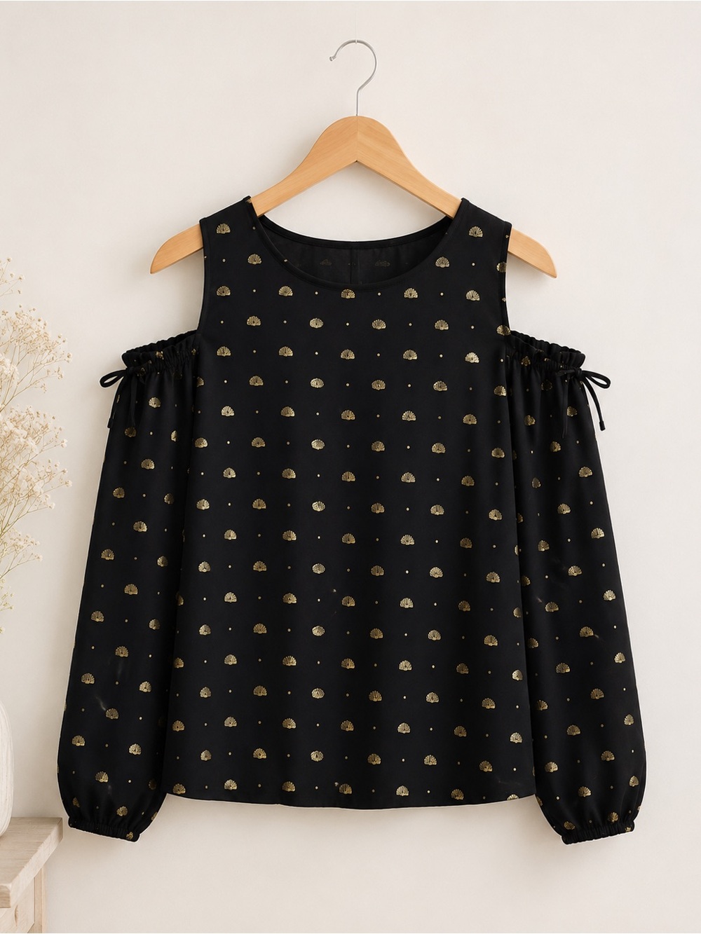LC Lauren Conrad Black Cold-Shoulder Blouse with Gold Dot Accent
